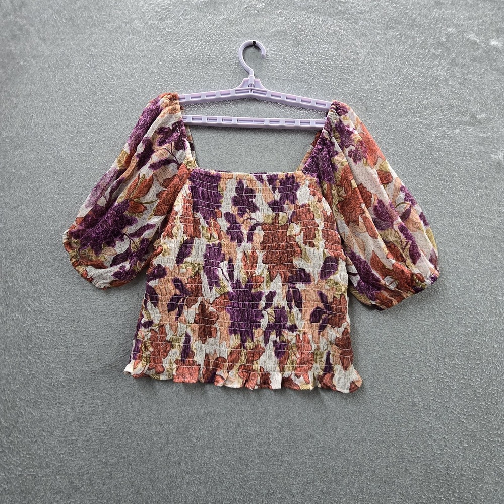 Old Navy Women Blouse L Purple Floral Chiffon Puff Sleeve